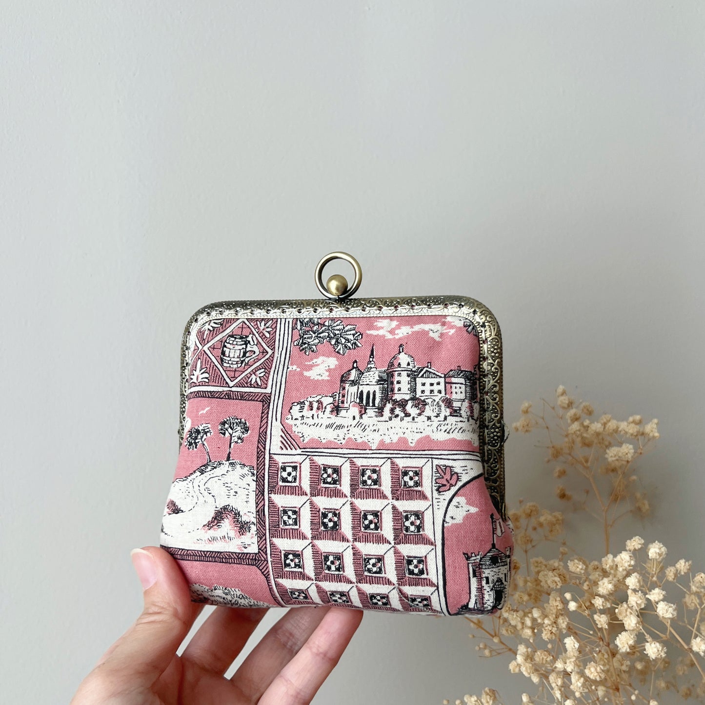 Handsewn Vintage Style Kiss Lock Frame Clutch Wallet - Old Pink Castle