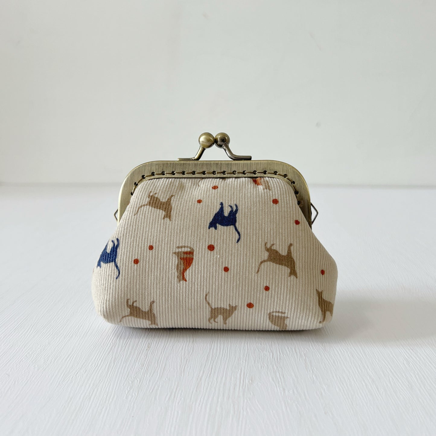 Beige Cats Corduroy Fabric Purse - Handsewn Kiss Lock Purse