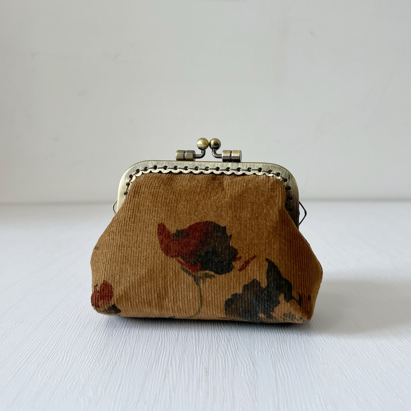 Brown Oriental Floral - Handmade Corduroy Fabric Kiss Lock Purse