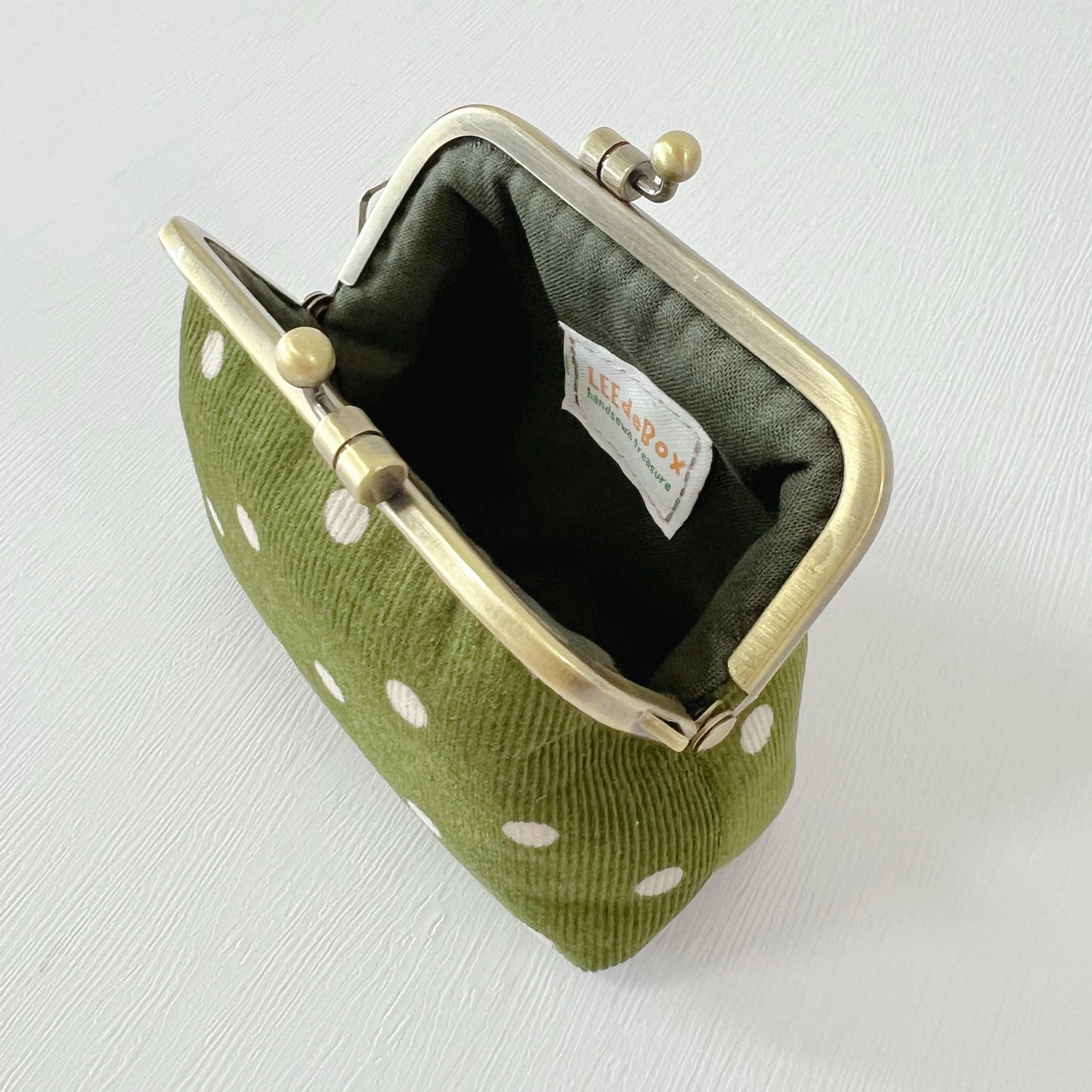 Green Polka Dots Corduroy Fabric Purse - Handsewn Kiss Lock Purse