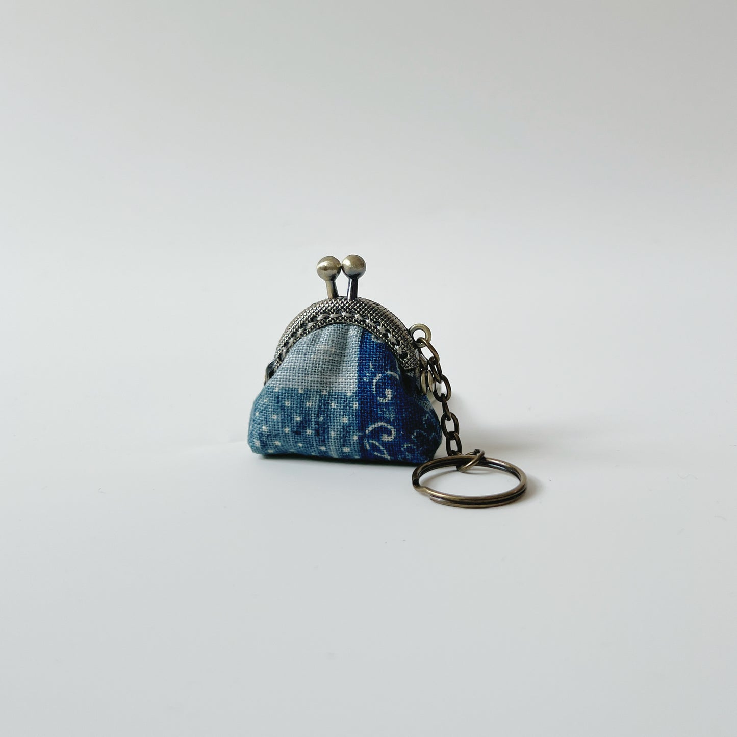 Blue Patches - Handsewn Half Round Tiny Kiss Lock Purse Keychain