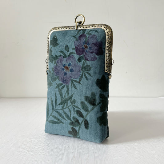 Handsewn Floral Corduroy Kiss Lock Fabric Purse - Vintage Blue Garden