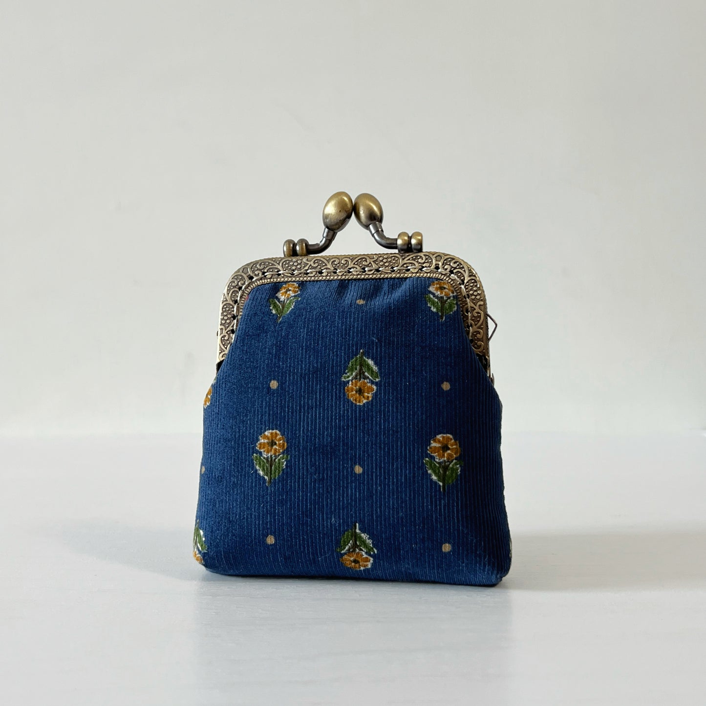 Old Blue Corduroy Florals Card Purse - Handsewn Kiss Lock Purse