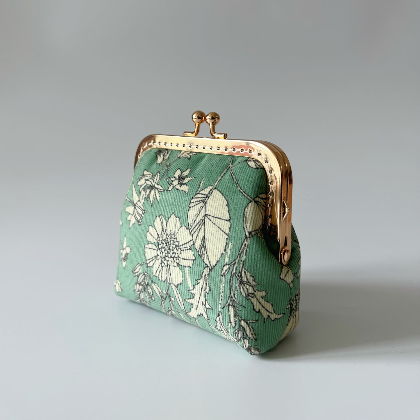 Mint Green Floral Corduroy - Handsewn Kiss Lock Fabric Card Purse