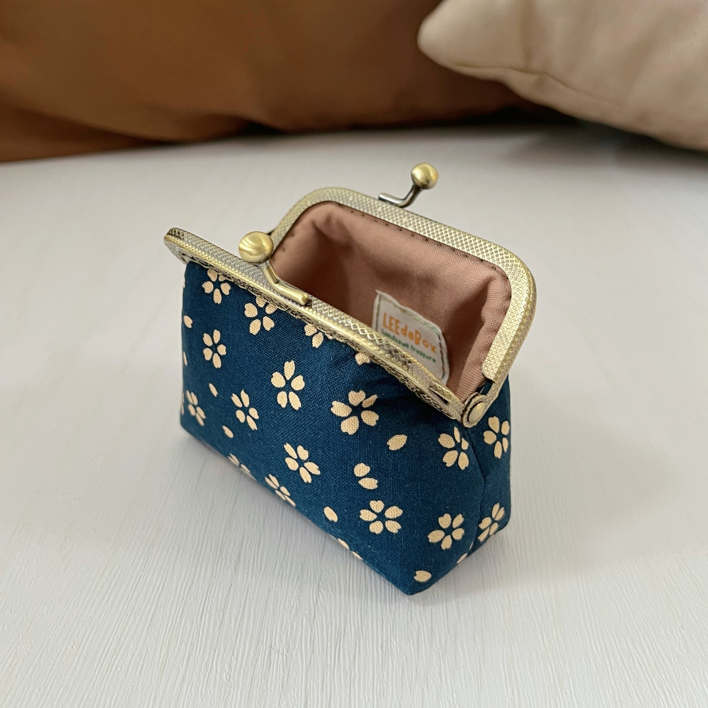 Blue Cherry Blossoms - Handmade Fabric Kiss Lock Purse