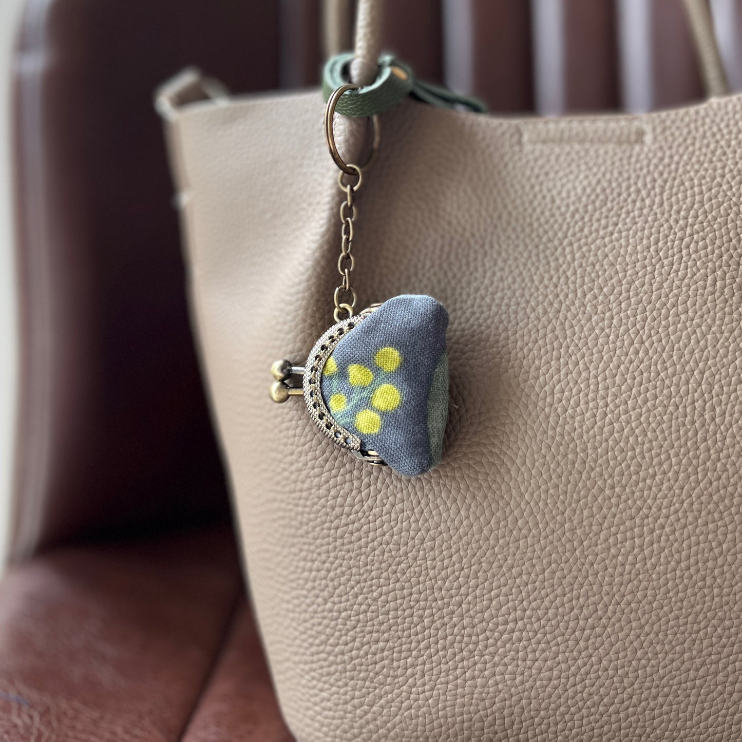 Gray Yellow Berries - Handsewn Mini Tiny Kiss Lock Purse Keychain