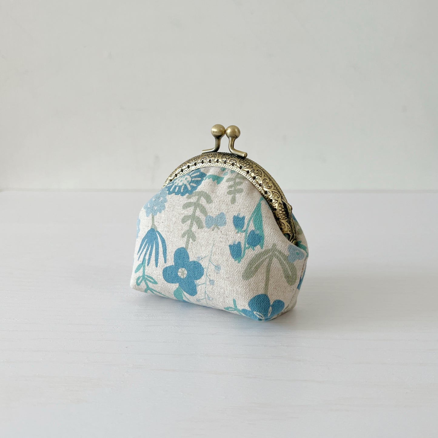 Handmade Round Kiss Lock Fabric Purse - Vintage Soft Blue Floral Linen
