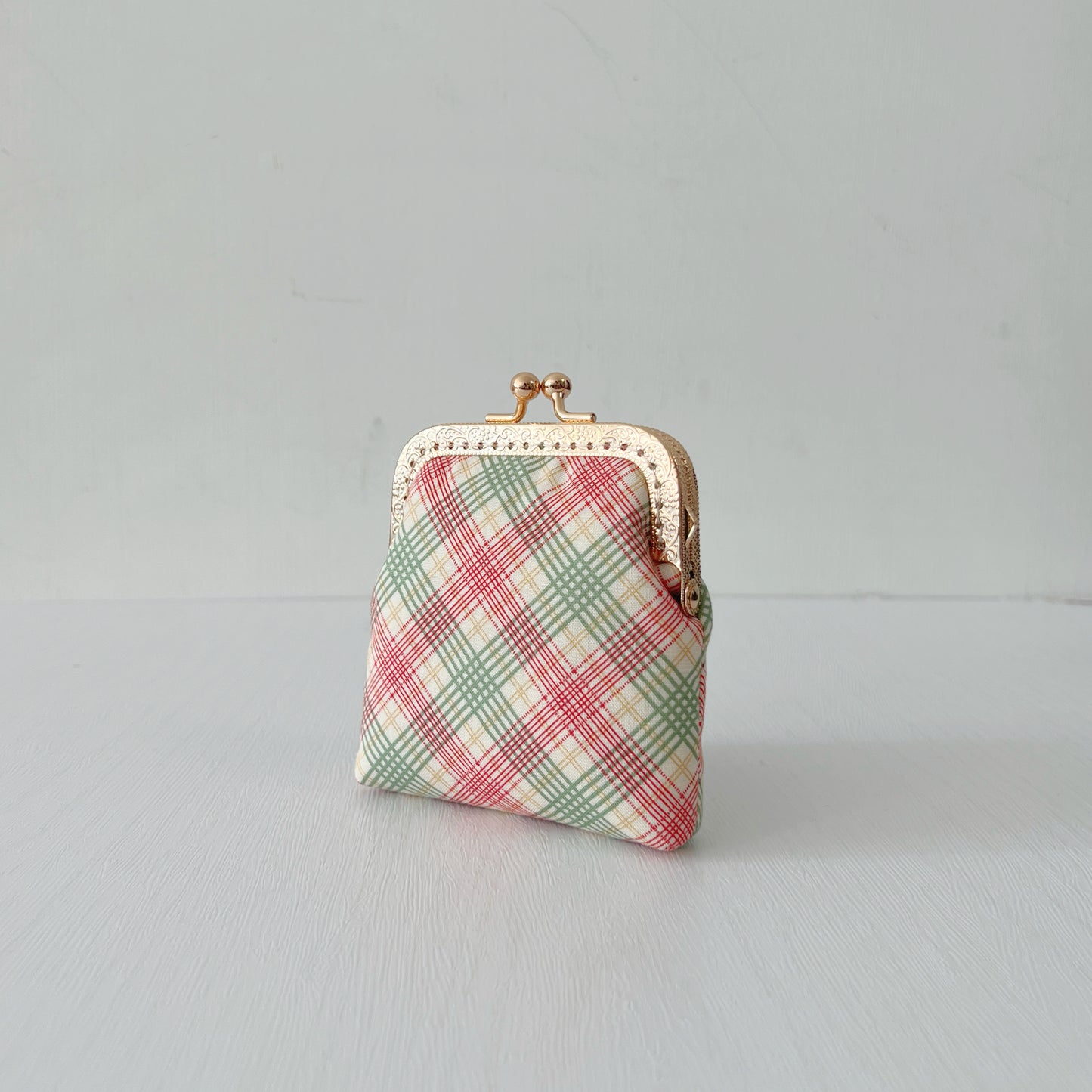 Handsewn Kiss Lock Card Purse - Red Green Cotton Tartan Pattern