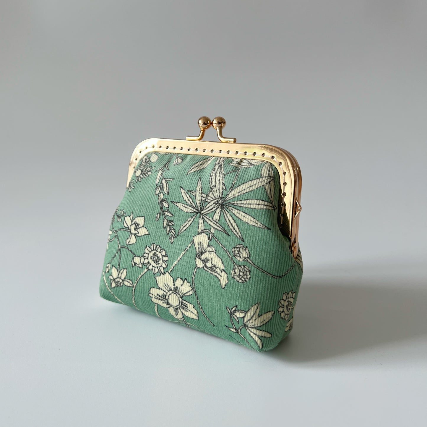 Mint Green Floral Corduroy - Handsewn Kiss Lock Fabric Card Purse