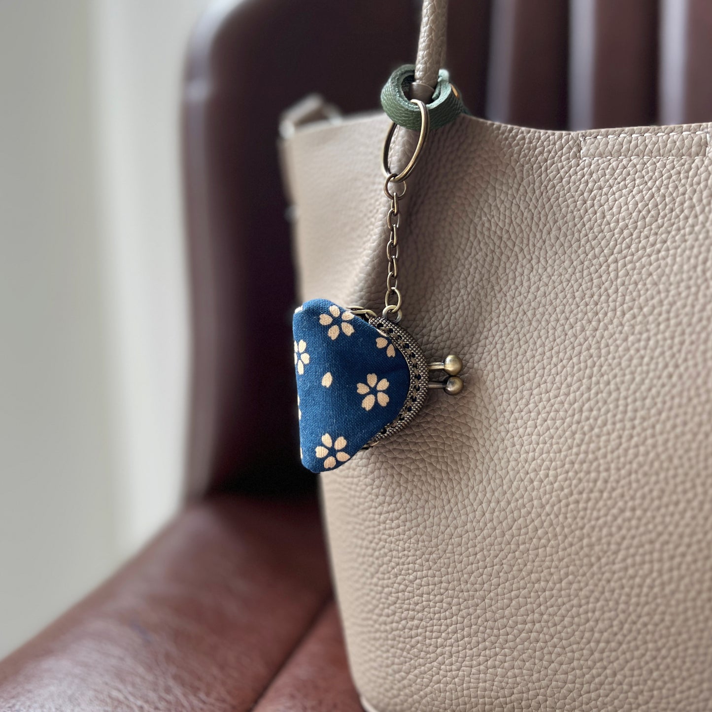 Blue Cherry Blossom - Handmade Mini Tiny Fabric Kiss Lock Purse Keychain