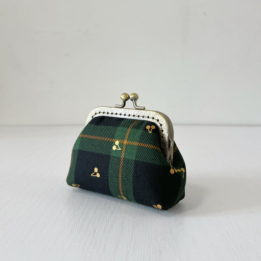 Green Tartan Gold Cherries - Handmade Fabric Kiss Lock Purse
