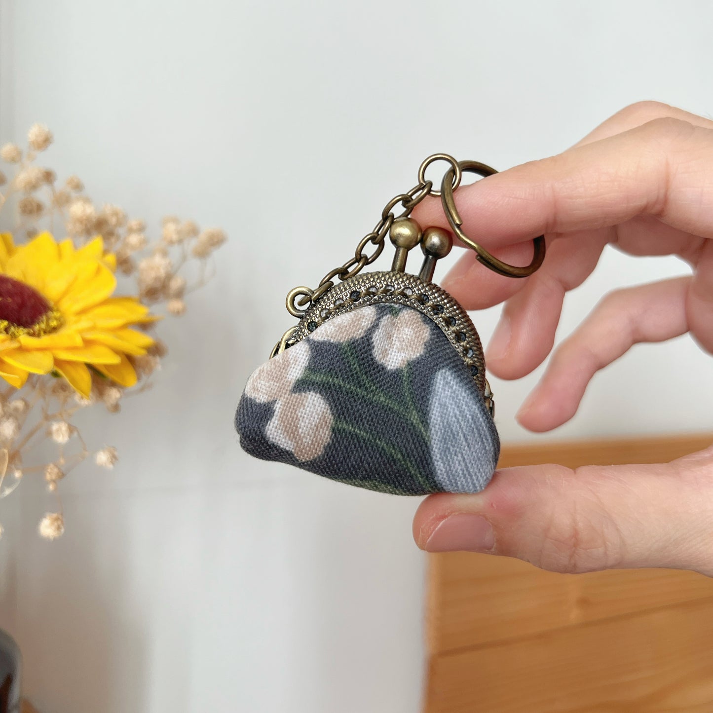 Gray Yellow Berries - Handsewn Mini Tiny Kiss Lock Purse Keychain