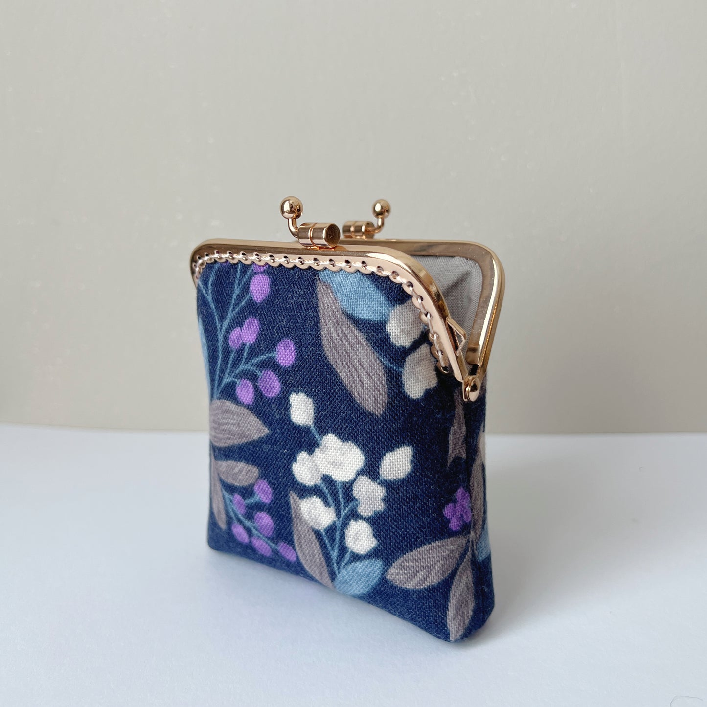 Handsewn Kiss Lock Card Purse - Dark Purple Cotton Linen Floral