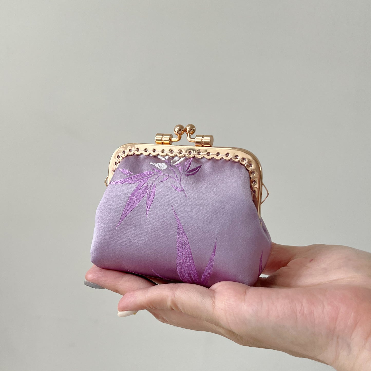 Lilac Bamboo Satin - Handmade Fabric Kiss Lock Coin Purse