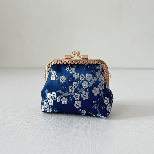 Blue Cherry Blossoms Satin - Handmade Fabric Kiss Lock Coin Purse