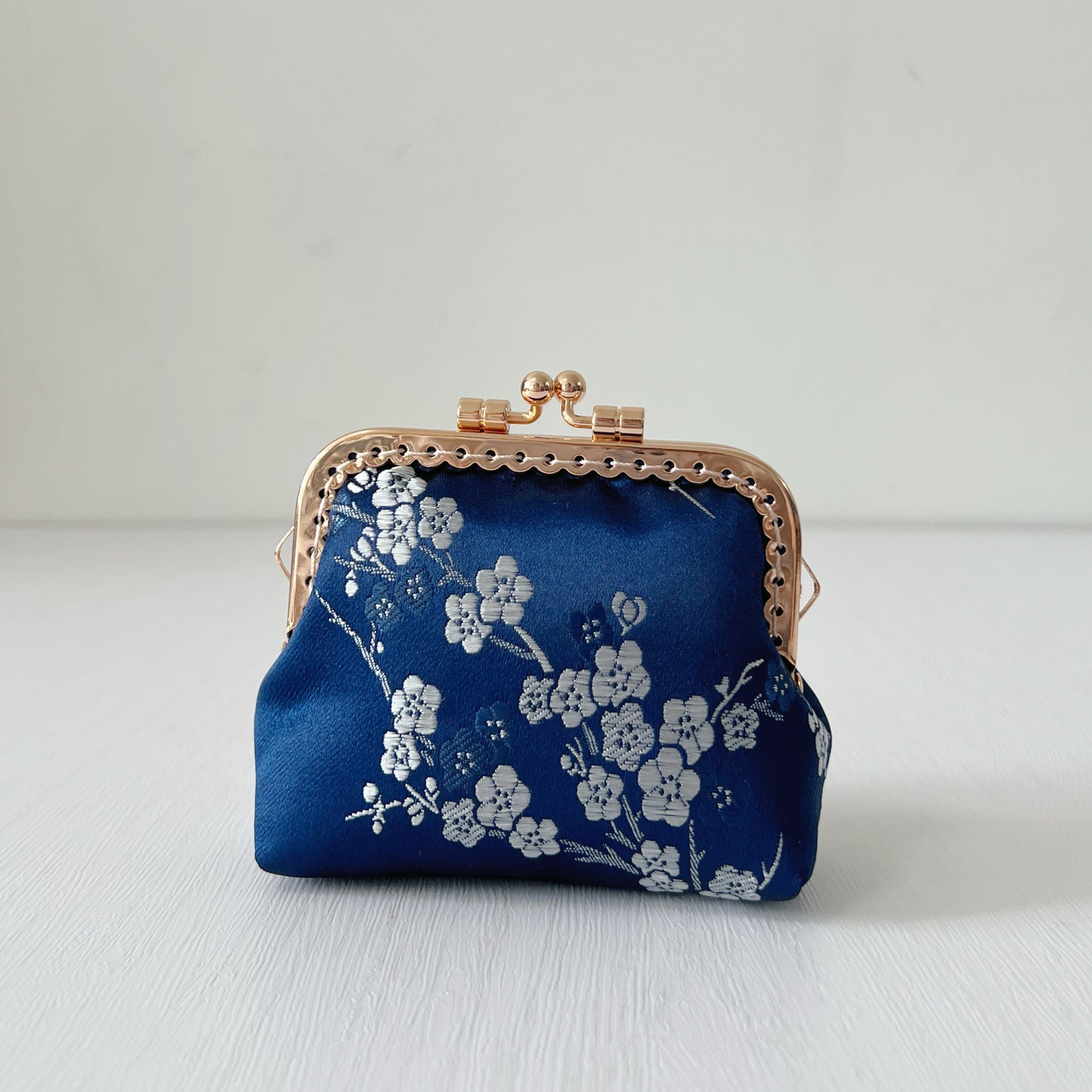 Blue Cherry Blossoms Satin - Handmade Fabric Kiss Lock Coin Purse