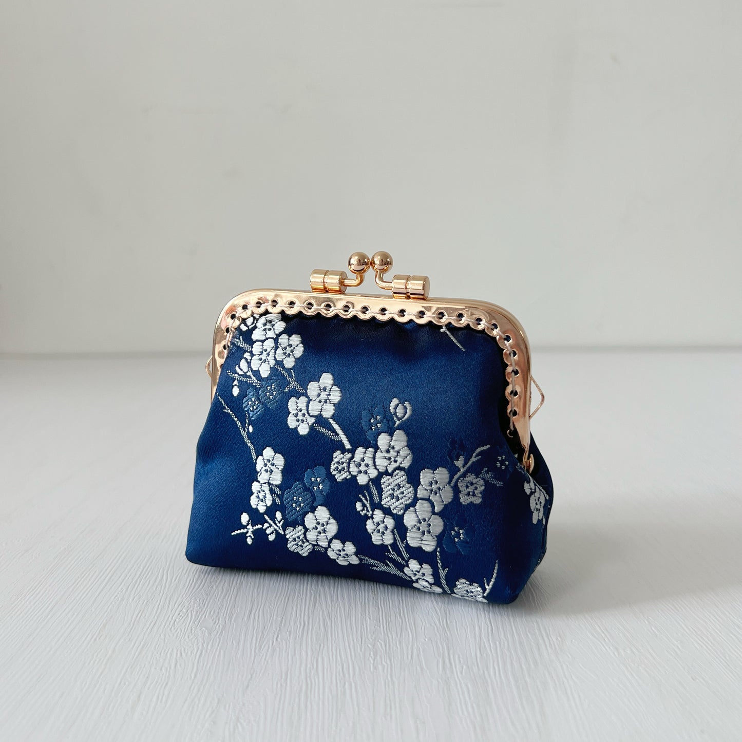 Blue Cherry Blossoms Satin - Handmade Fabric Kiss Lock Coin Purse