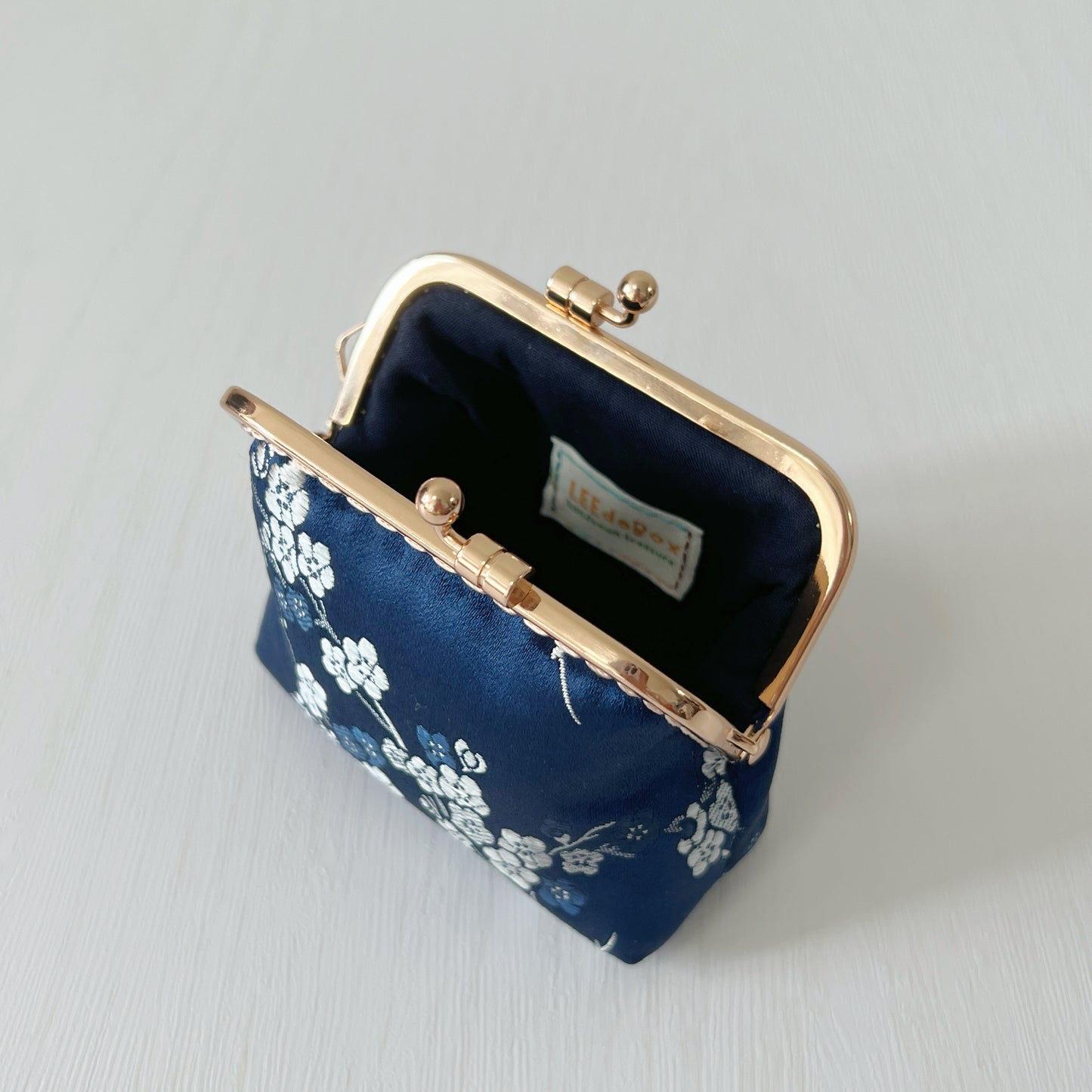 Blue Cherry Blossoms Satin - Handmade Fabric Kiss Lock Coin Purse