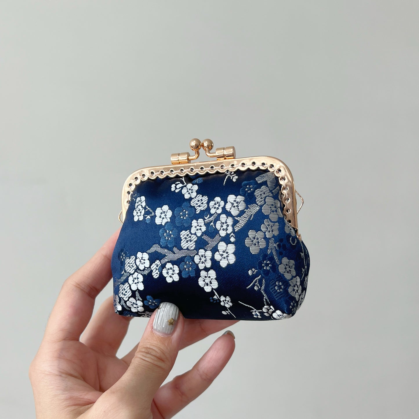 Blue Cherry Blossoms Satin - Handmade Fabric Kiss Lock Coin Purse