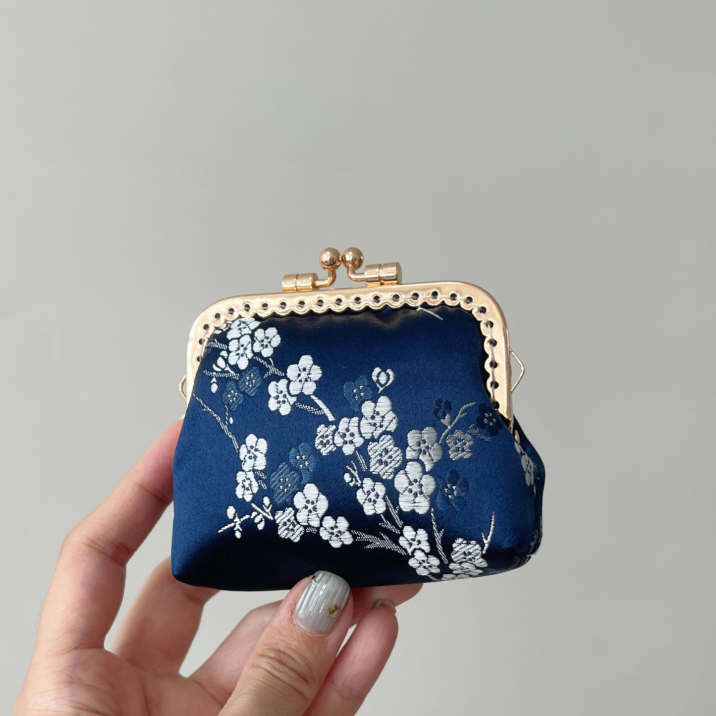 Blue Cherry Blossoms Satin - Handmade Fabric Kiss Lock Coin Purse